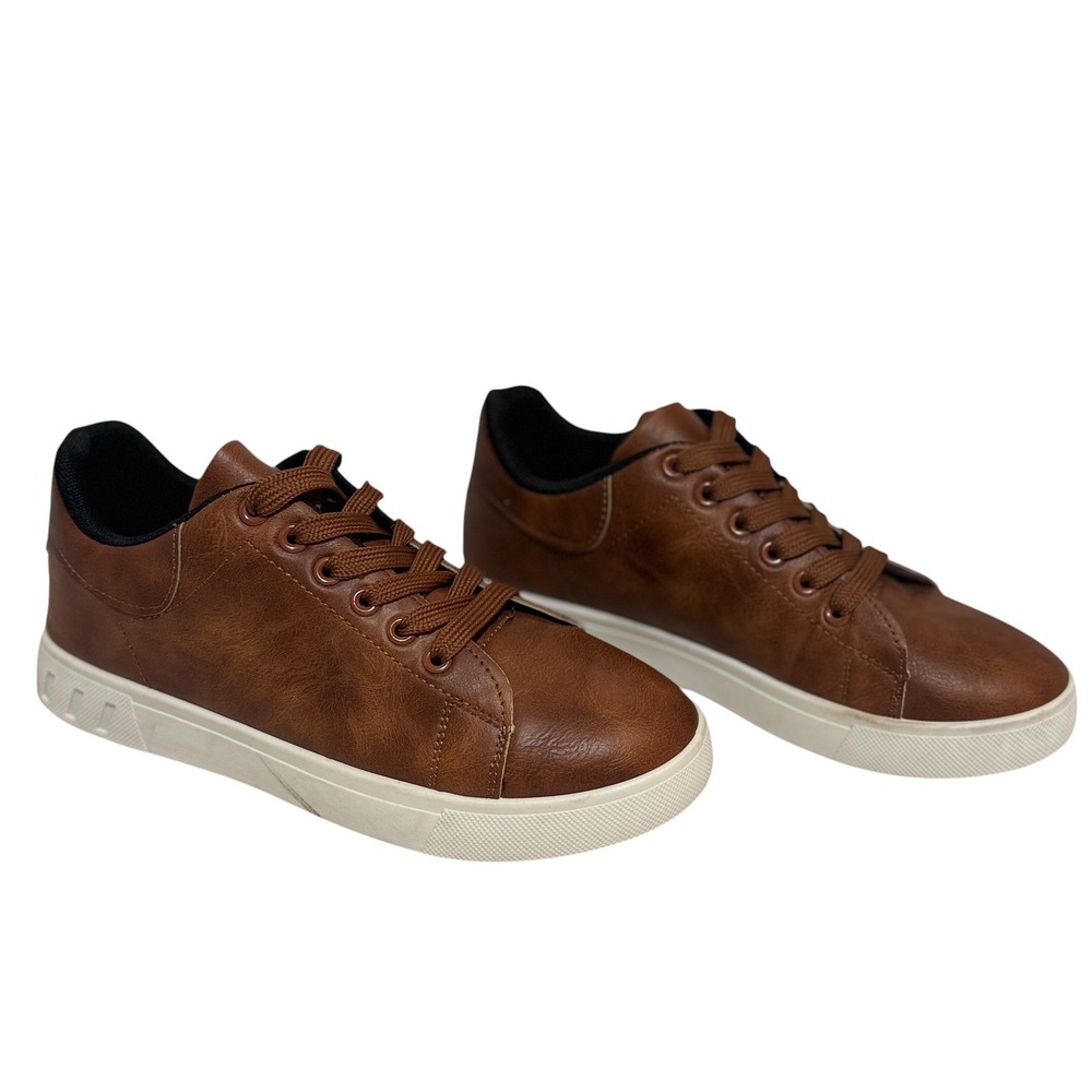 Brown Faux Leather Low Top Lace Up Sneakers White Sole Size 39